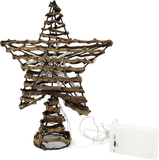 CVHOMEDECO. Rustic Rattan Christmas Tree Star Topper with LED Lights, Farmhouse Christmas Tree Toppers Decoration, 8 x 10 Inch