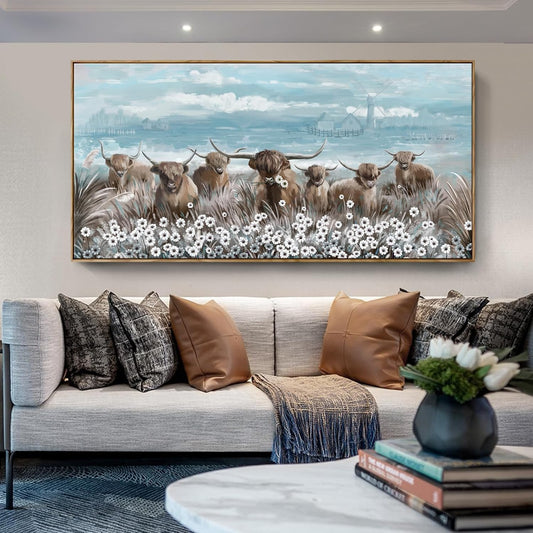 Extra Large Framed Wall Art for Living Room Big Boho Farmhouse Highland Cow Canvas Artwork Flower and Animal Picture Rustic Coastal Blue and Brown Decor for Office Bedroom Kitchen
