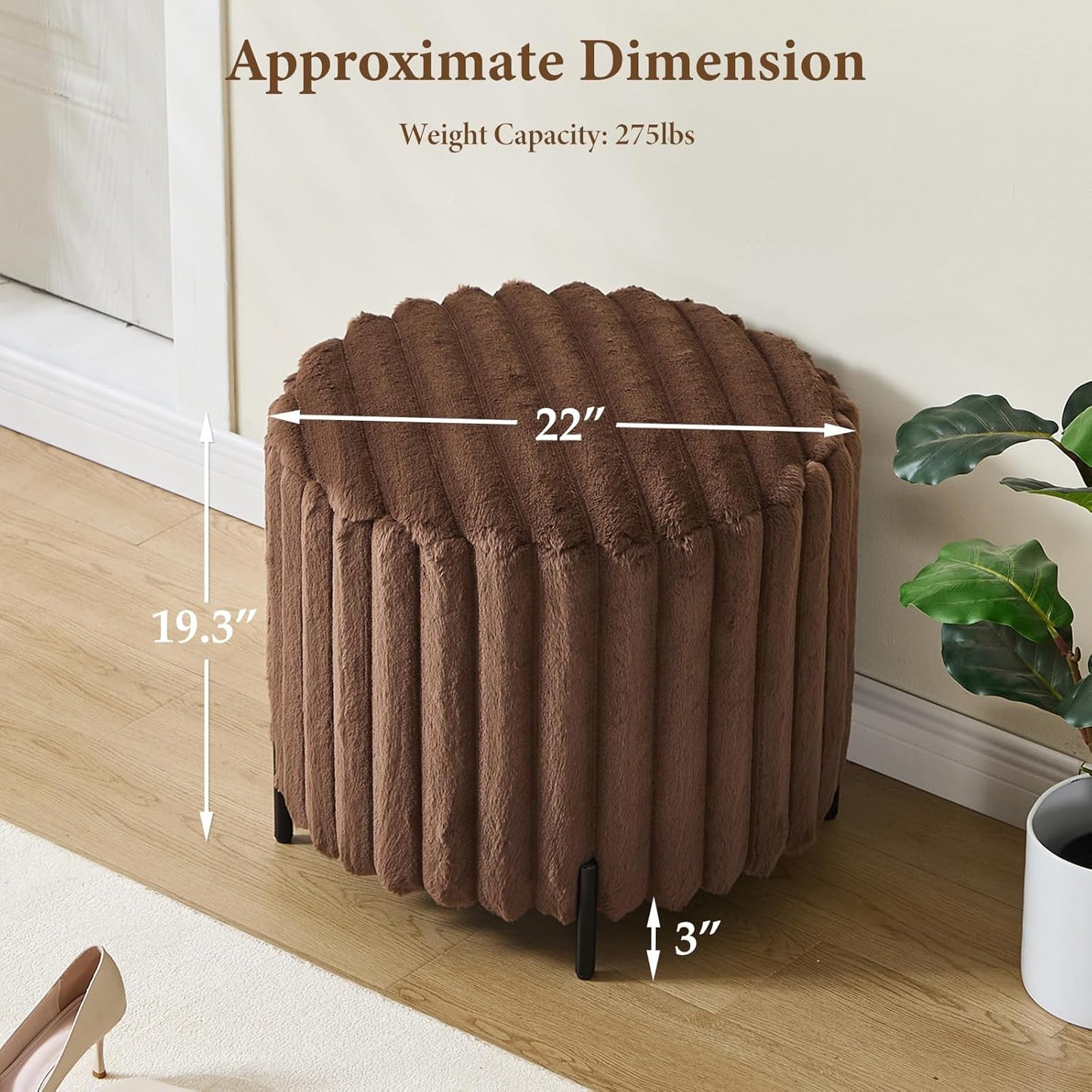 Furniliving Modern Round Ottoman, Large Size Bedroom Ottoman Footstool Round Ottomans Stool for Living Room, Bedroom, Makeup Room, Brown, Faux Fur