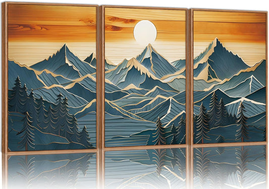 Tinonedraw Vintage Mountain Framed Canvas Wall Art Set of 3, Boho Nature Wilderness Art Prints, Mid Century Modern Ridge Scenery Wall Decor, Sunrise Forest Woodcut Style Art Paintings for Living Room Bedroom, Office 16"x24"