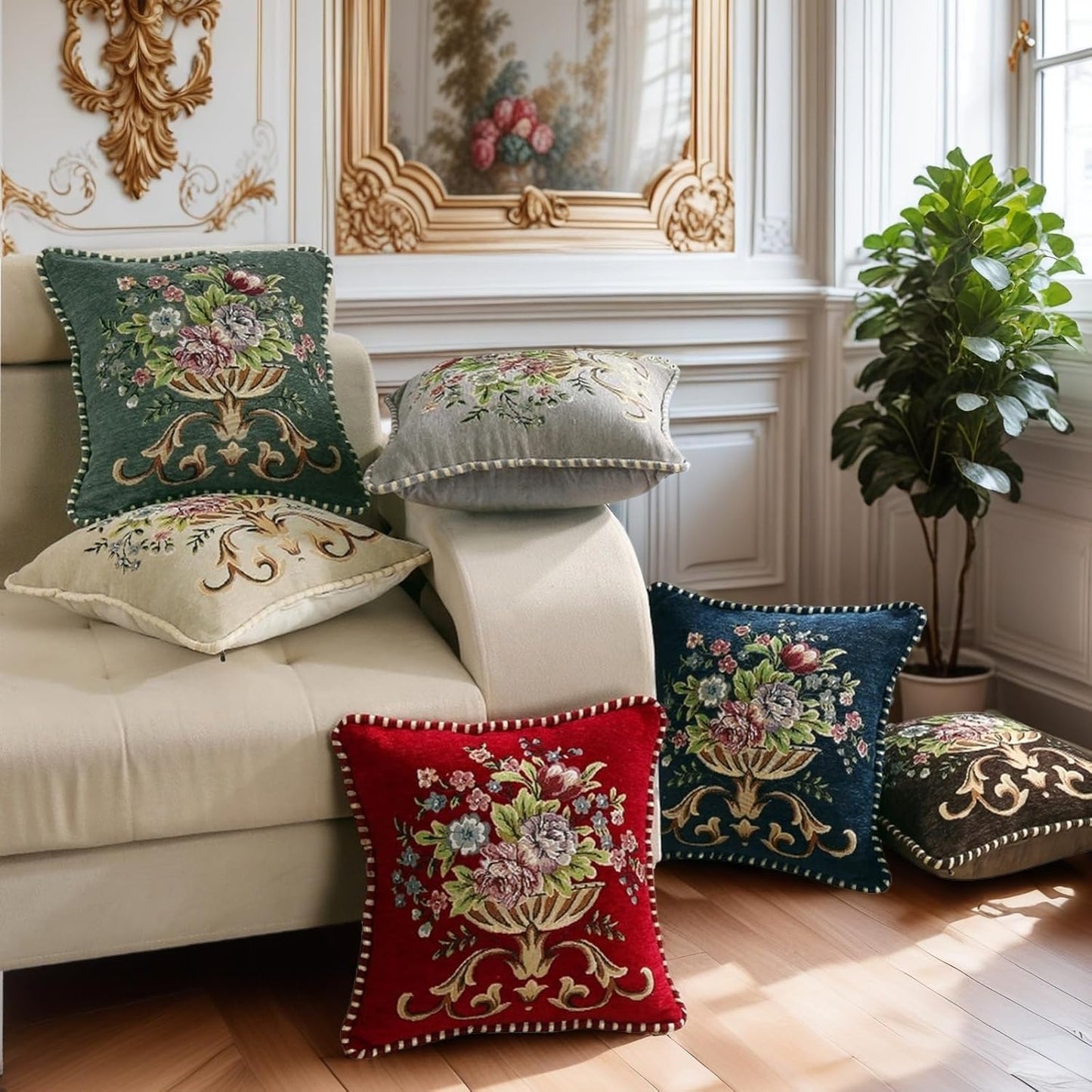 Set of 2 Blue Vintage Embroidered Throw Pillows Covers 18x18in，Vintage Decorations Floral Embroidered Cushion Cover for Sofa Couch Bed Chairs Car