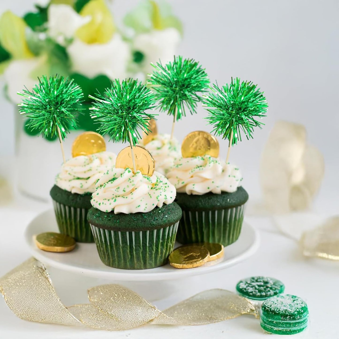 Ephlyn 30Pcs Foil Firework Cupcake Toppers Party Birthday Cake Toppers Supplies Sparkle Tinsel Cocktail Fruit Toothpick for Birthday Wedding Graduation Party Supplies Green