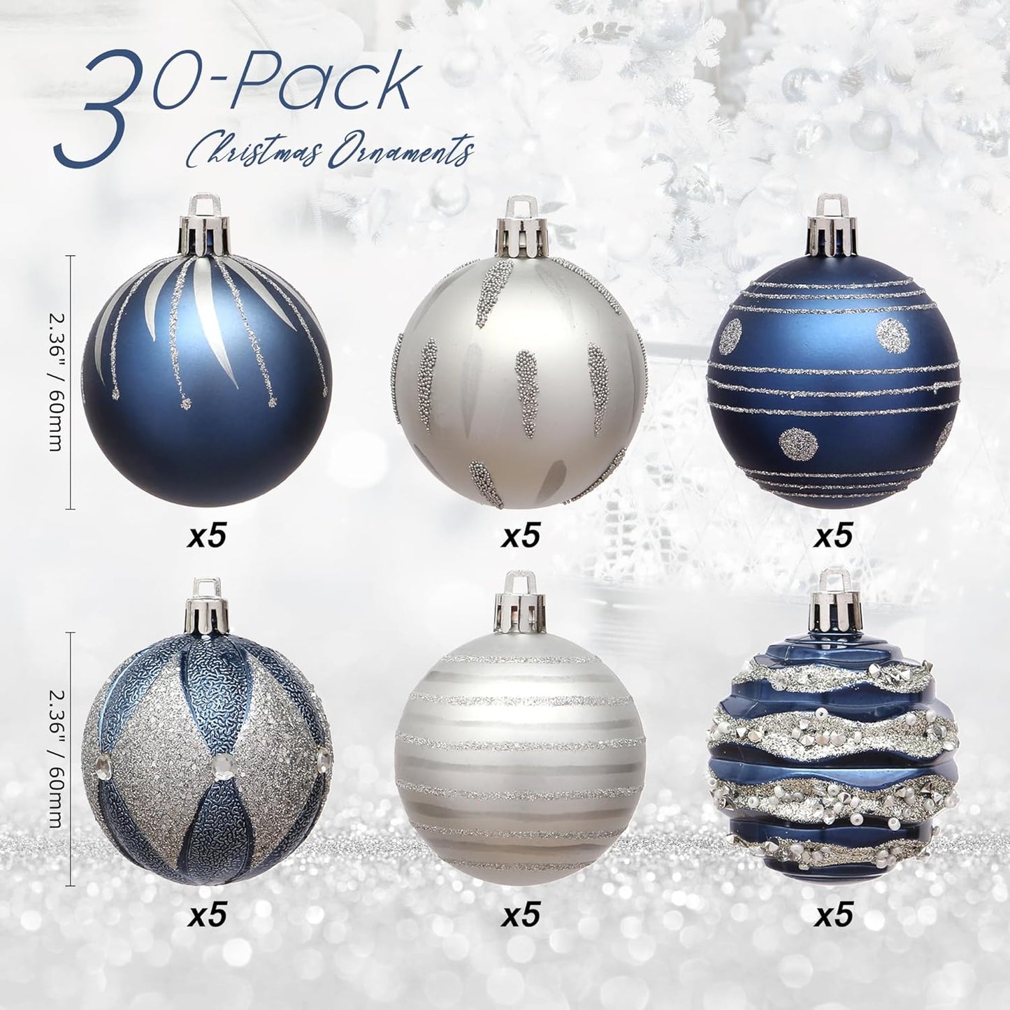 Sea Team 60mm/2.36" Set of Colorful Painted Sparkling Ornaments and Hanging Balls for Christmas Tree - 30pcs