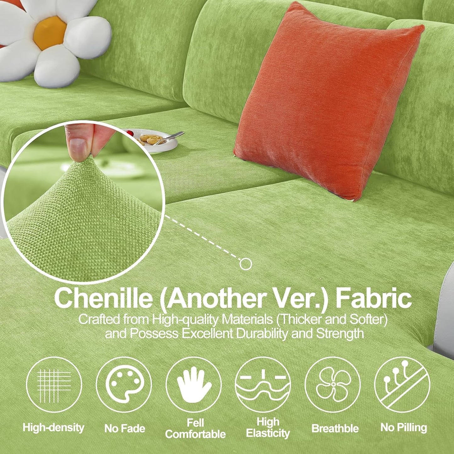 Large Backrest Cushion Covers Super Stretch Backrest Covers for 3 Cushion Couch Sofa, Couch Back Cushion Covers Featuring with Chenille Yarn (Softer Version, 3PC, Green)