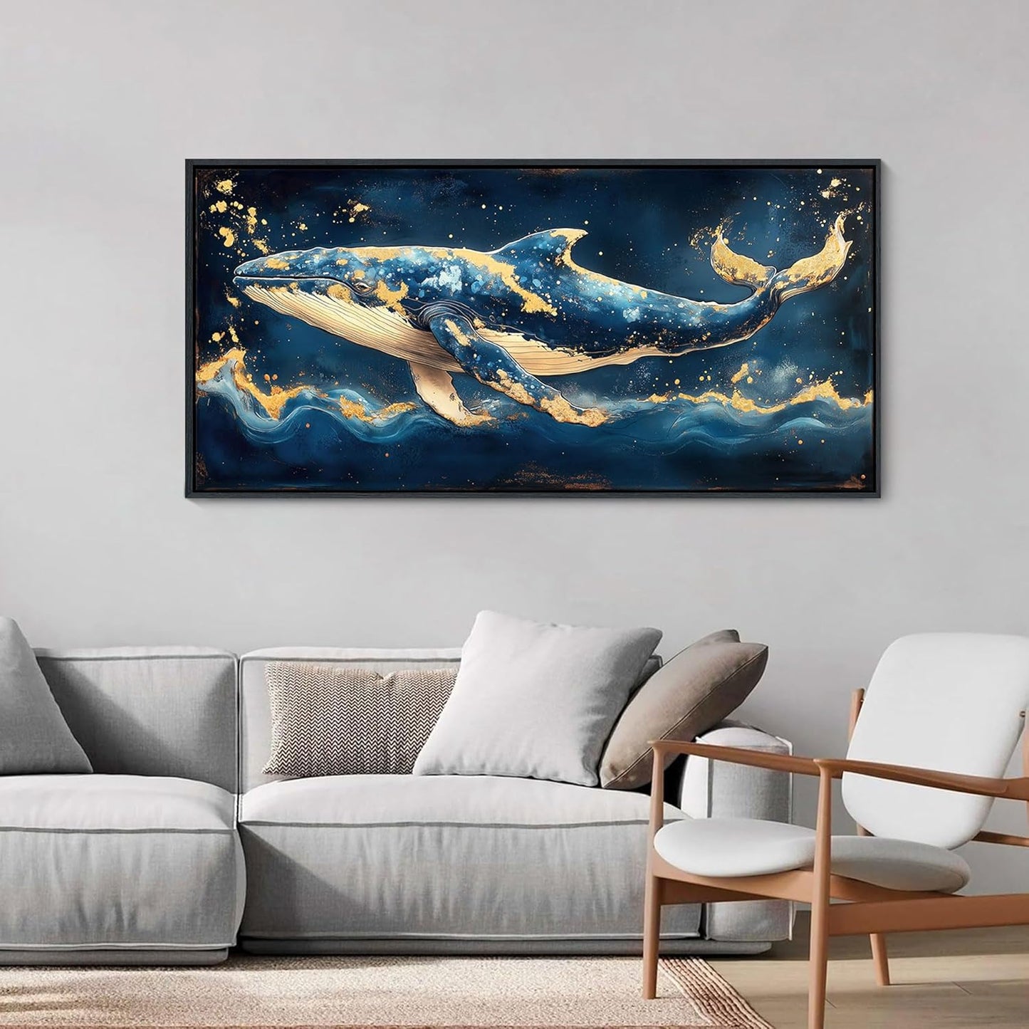 JEAWA Framed Canvas Wall Art - 20x40 IN Marine Animal Painting Wall Decor, Blue White Gold Whale Picture, Modern Art Prints for Living Room Bedroom Bathroom Home Decoration