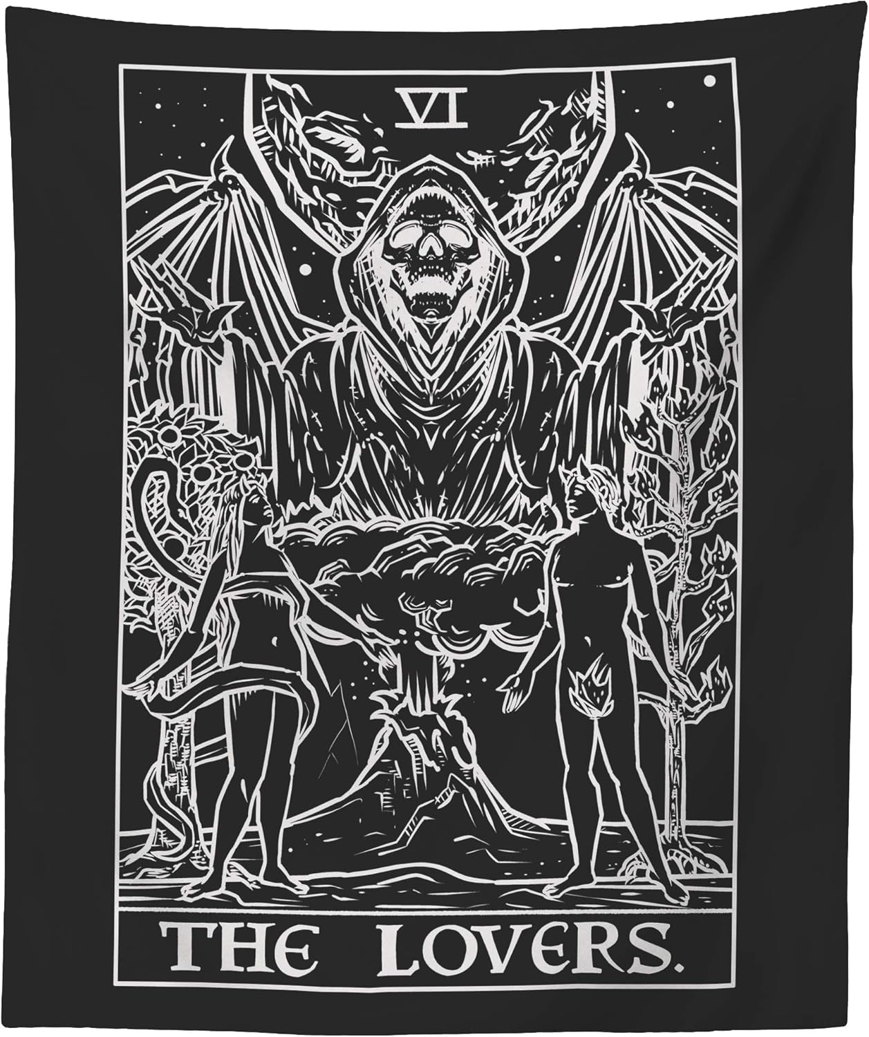 The Lovers Tarot Card Tapestry (Black & White) - Grim Reaper - Gothic Couple Halloween Home Decor Wall Hanging (80" x 68")