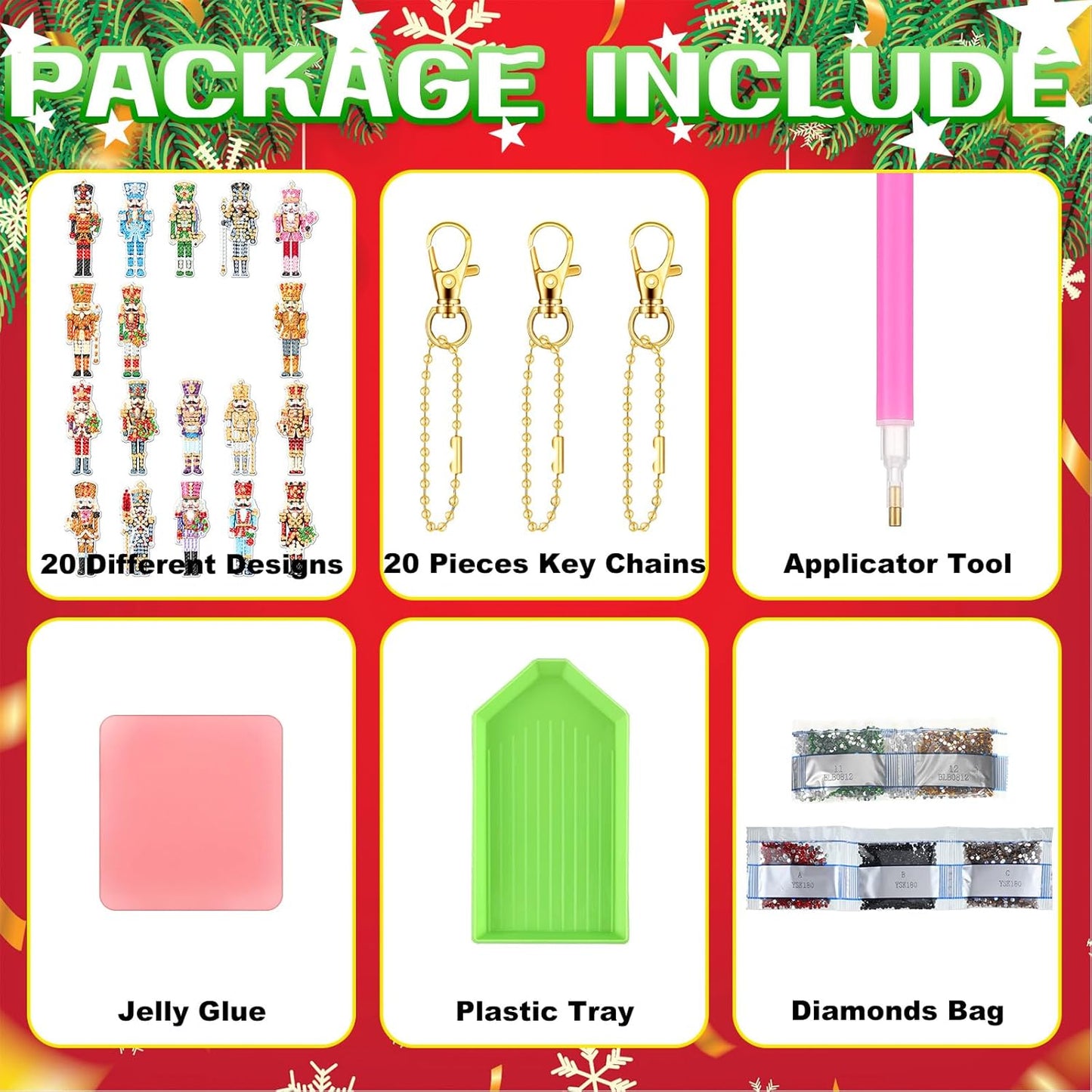 Tondiamo 20 Pcs Christmas Diamond Painting Keychain Kits 5d DIY Christmas Nutcracker Diamond Art Pendants Double Sided Hanging Key Chains Xmas Craft Gifts for Adult Holiday Party Decoration DIY