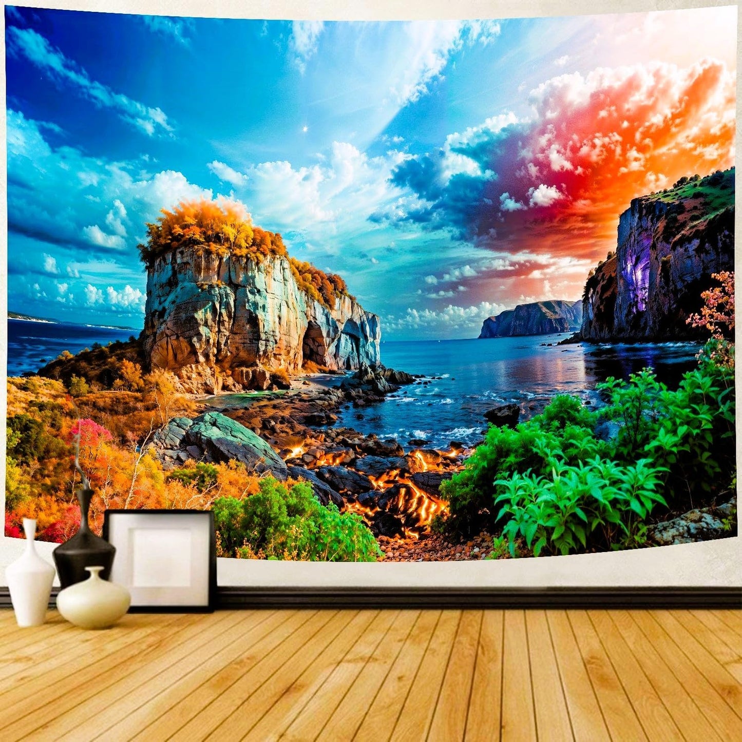 Delur Coastal Ocean Beach Tapestry Tropical Forest Tree Sunrise Sea Landscape Tapestry Wall Hanging Wave Sunset Nature Colorful Spiritual Headboard for Bedroom Living Room Home Decor (51.2" x 59.1")