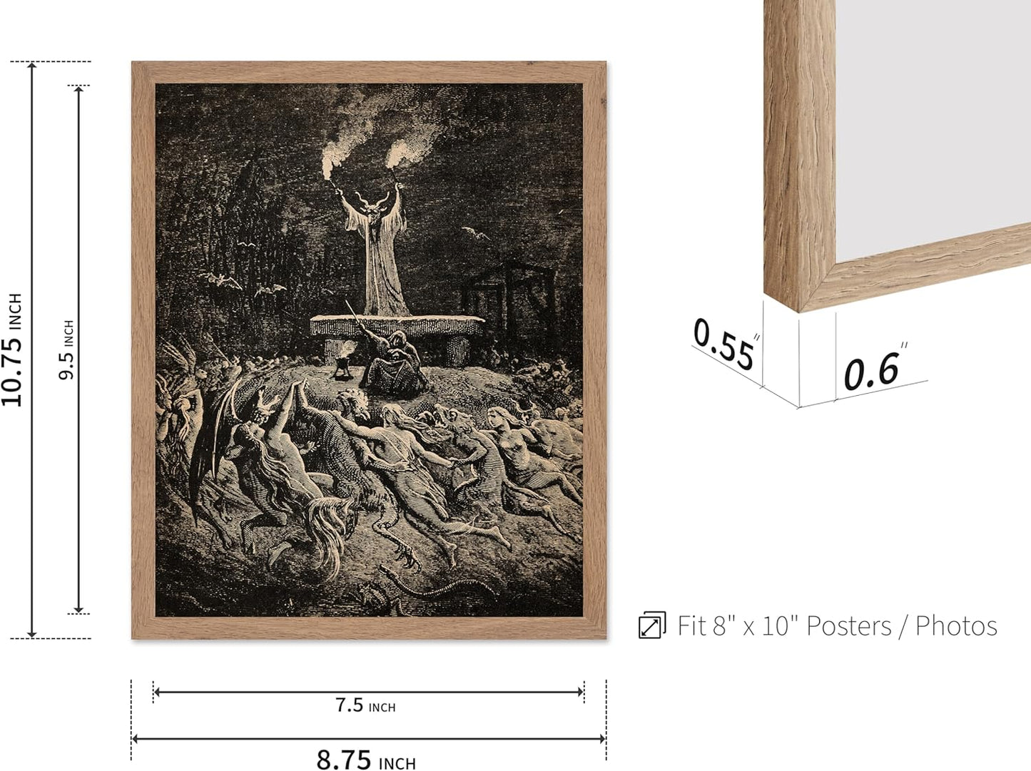Poster Master Vintage Gustave Dore Poster - Retro Illustration Print - Gift for Gothic, Horror Fan - Dance of Sabbath, Witch, Magic, Spell - Wall Decor for Bedroom, Dorm, 8x10 Beige Framed