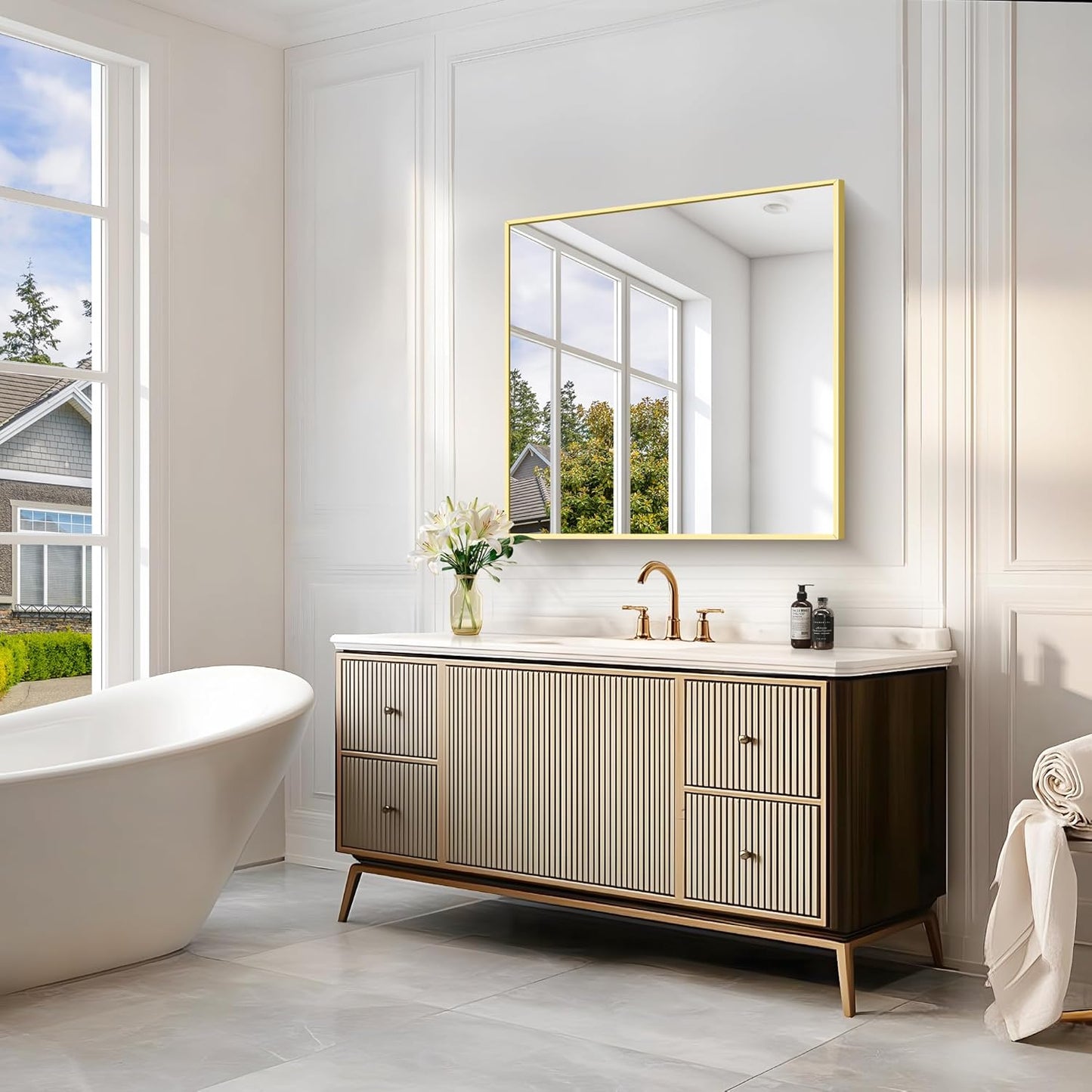 Gold Bathroom Mirror for Wall, 30x30 Inch Rectangle Mirrors with Metal Frame, Modern Vanity Wall Mirror Decor for Bathroom Living Room, Entryway Hangs Horizontal or Vertical