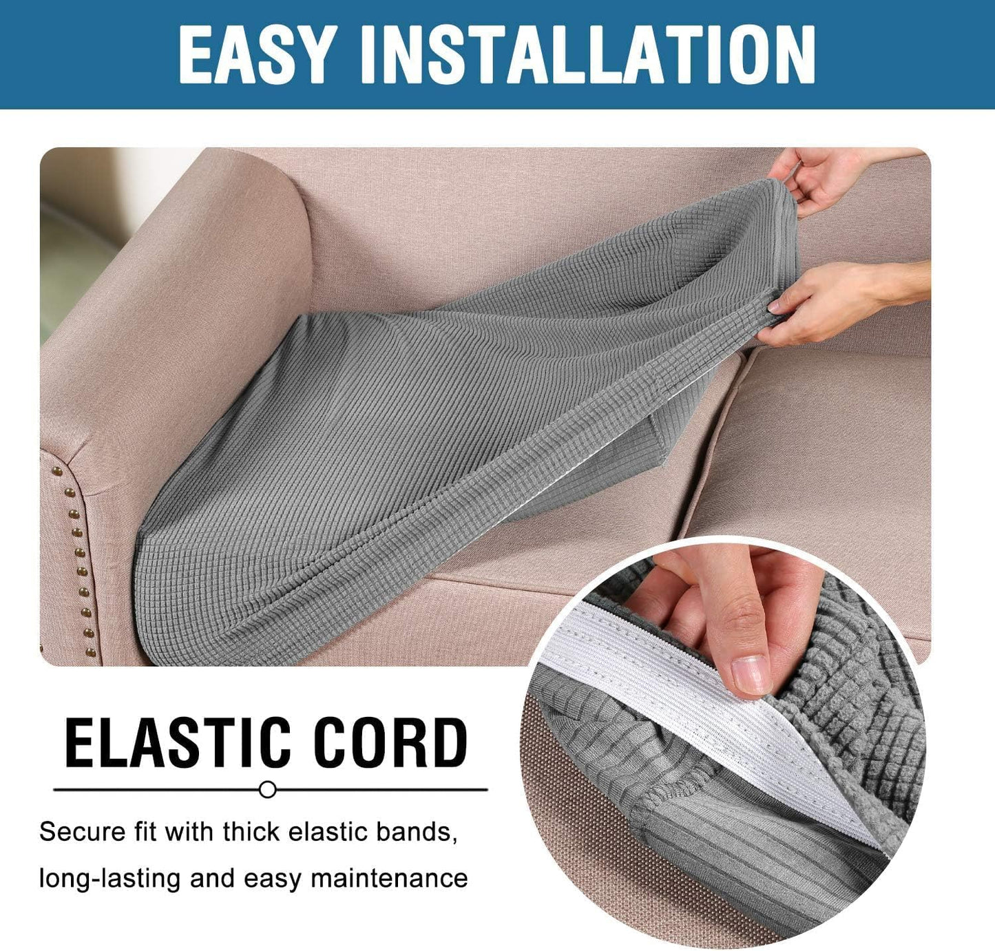 H.VERSAILTEX Super Stretch Individual Seat Cushion Covers - Sofa & Couch Cushion Slipcover Sets - Thick Jacquard Textured Twill Fabric (3 Piece XL, Dove)