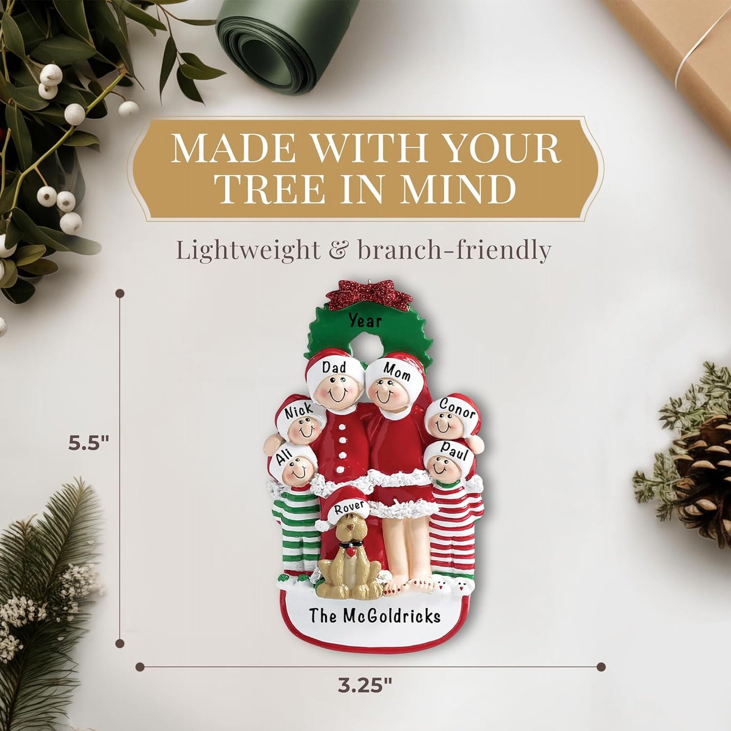 Personalized Family of 6 with Dog Ornament 2025 | Free 24h Customization | Christmas Ornaments for Tree | Custom Gift Wrapped Pet Keepsake for Dog-Lovers