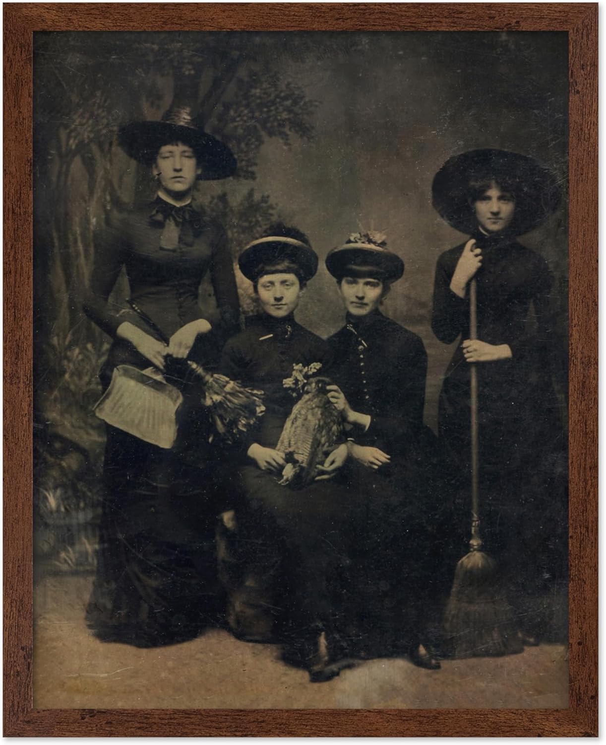 Poster Master Vintage Photograph Poster - Retro Halloween Print - Gift for Artist, Friend - Four Witches Wearing Robes, Sabbath, Coven, Sorcery - Wall Decor for Home, Office, 11x14 Brown Framed