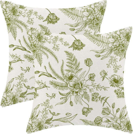 CXMEIFLY Sage Green Spring Pillow Covers 16 x 16 Inch Set of 2 for Chinoiserie Flowers Decor Throw Pillows Floral Leaves Seasonal Plant Outdoor Decorative Cushion Cases for Couch Bed Decorations