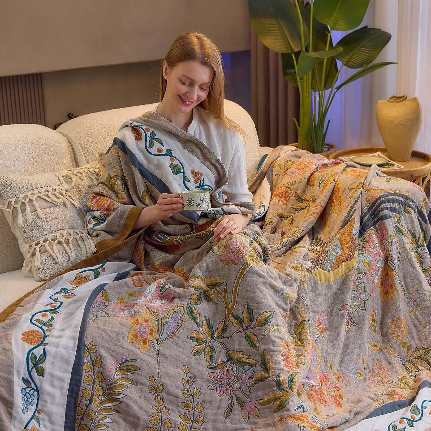 Boho Blanket, 100% Cotton Farmhouse Decorative Throw Blanket, 50"x60" Reversible Bohemian Throw Blanket, Brown All Season Muslin Breathable Woven Blankets Quilt