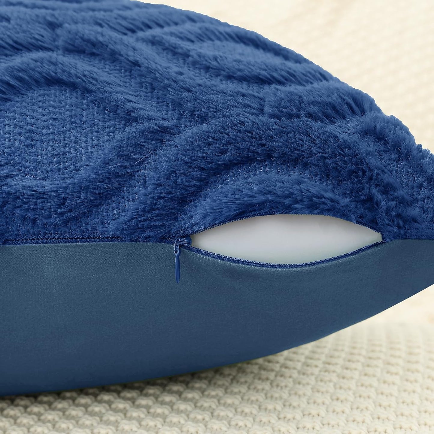 decorUhome Fall Throw Pillow Covers 18x18 Inch Set of 2, Soft Plush Decorative Faux Fur Dark Blue Solid Couch Pillow Covers, Accent Farmhouse Neutral Square Euro Pillow Cases for Sofa Bed Living Room