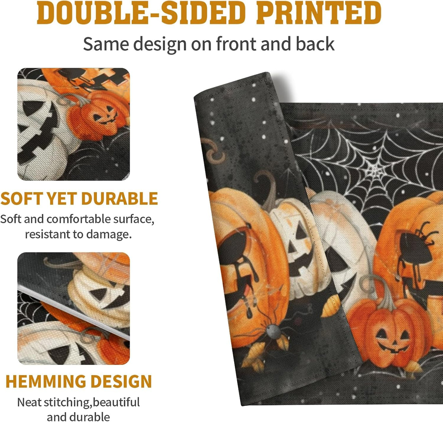 Halloween Pumpkins Spider Web Placemats Set of 4 Black Gray Scary Pumpkin Fall Linen Table Place Mat 12x18 Inch Seasonal Heat Resistant Table Mats for Party Kitchen Dining Decoration