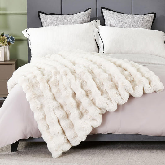 DREAMNINE Decorative Soft Bubble Fuzzy Faux Rabbit Fur Throw Blanket for Couch 50" x 60",Reversible Thick Plush Warm Fluffy Blankets for Winter, Luxury Cute Cozy Comfy Shaggy Furry Blanket,Cream White