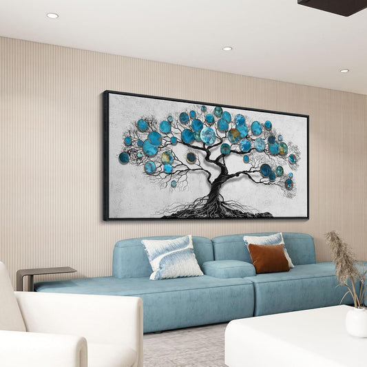 CHATYOUNG Wall Art Living Room - Large Art Teal Blue Tree Abstract Landscape Modern Paintings Black Framed Artwork for Bedroom Dining Room Office Kitchen Home Decor 58"x29"