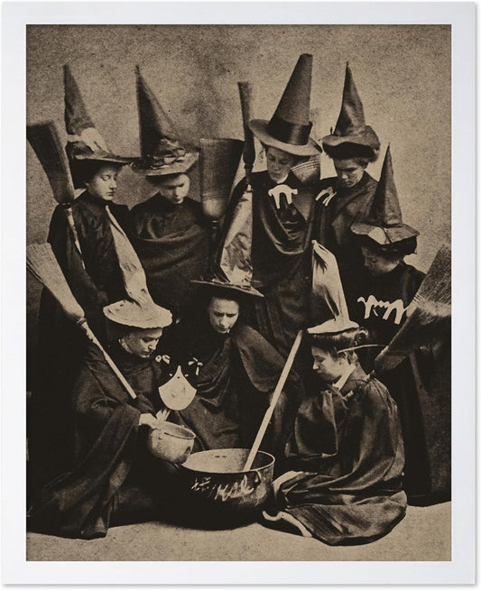 Poster Master Vintage Photograph Poster - Retro Halloween Print - Gift for Artist, Friend - Witches Cooking, Pointy Hats, Broomsticks, Black Magic - Wall Decor for Bedroom, 11x14 White Framed