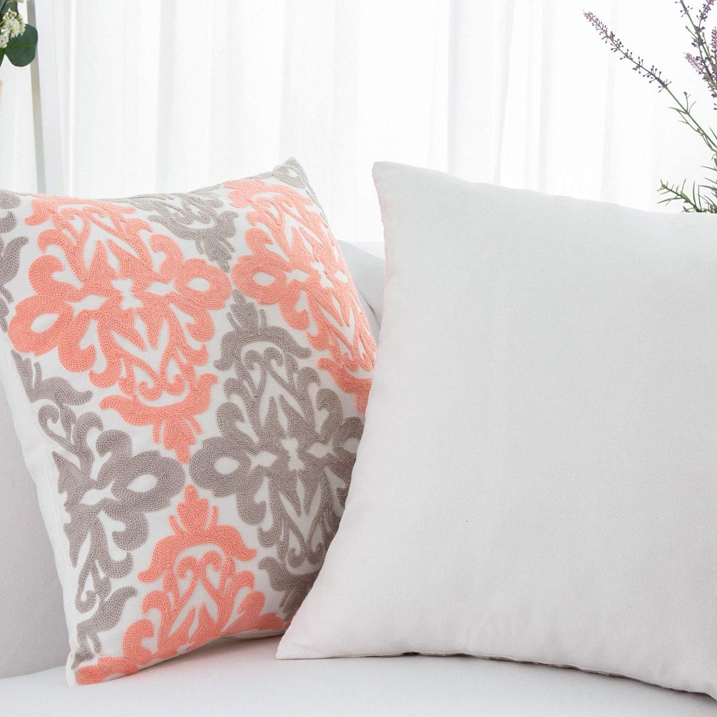 HWY 50 Coral Pink Decorative Throw Pillow Covers 18x18 Inch (1 Piece), Embroidered Cotton Farmhouse Cushion Cover Pillow Case for Sofa Couch Living Room Bed Bedroon, Floral Geometric