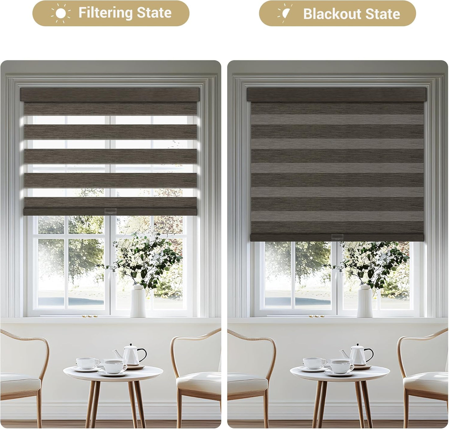 Cordless Zebra Blinds for Windows, Blackout Interior Blinds,Easy to Install,UV Protection,for Offices and Home,Custom Roller Shades, Mousse Dark Bown,47" W x 64" H