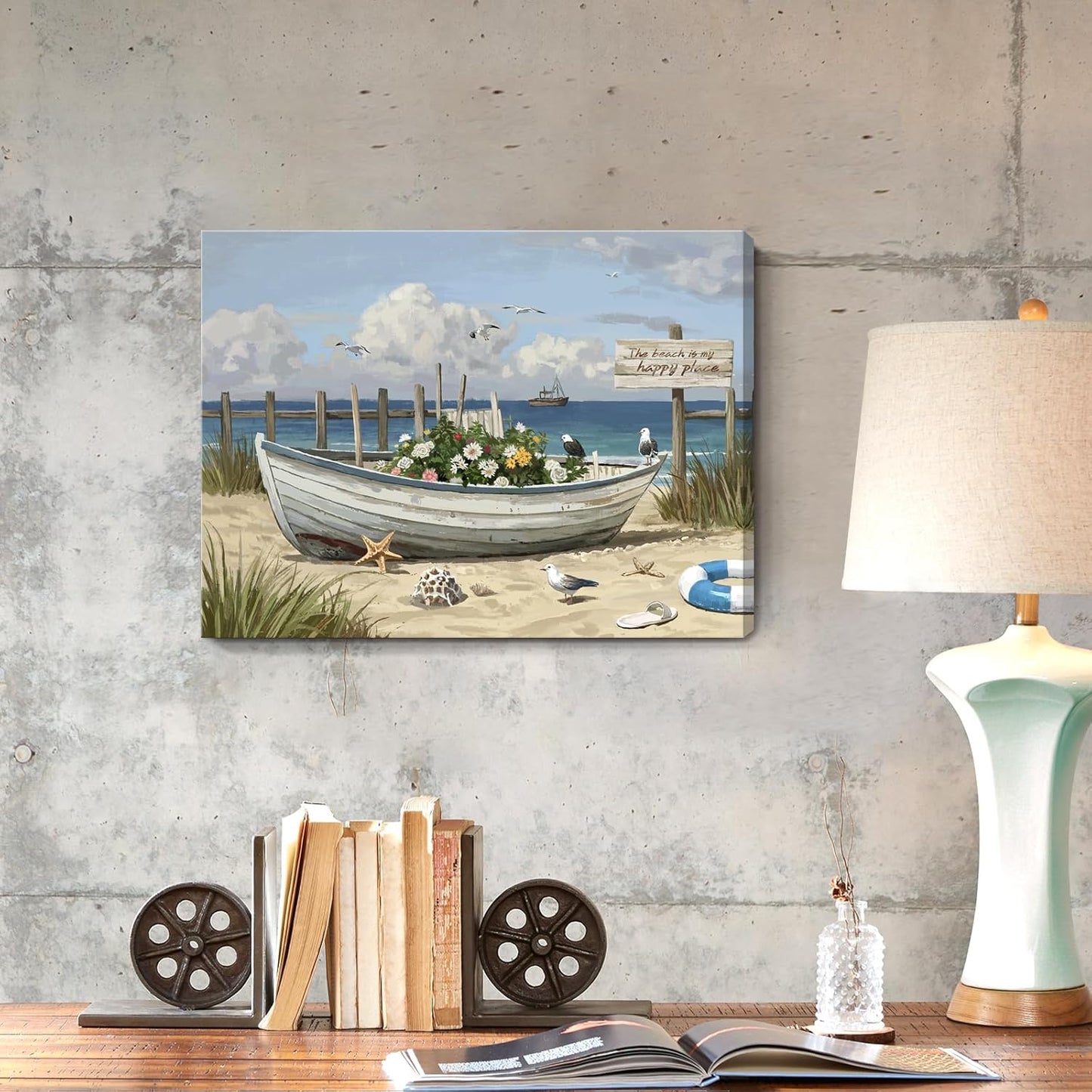 amatop Coastal Wall Art– Beach Scene Picture with Boat on Sandy Shore, Flowers and Sea Birds, Blue Ocean Seascape Themed Canvas Print Nautical Artwork for Bathroom and Bedroom Decor, Small 16x12 Inch