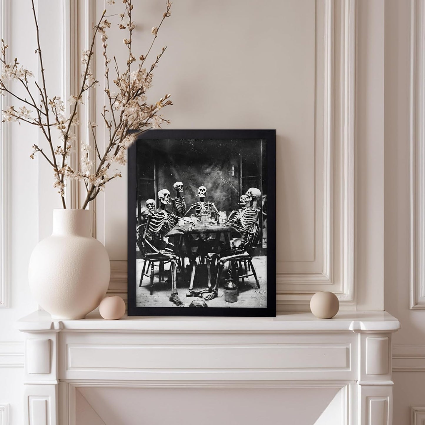 Poster Master Vintage Photograph Poster - Retro Daguerreotype Print - Gift for Artist, Friend - Skeletons Smoking at Table, Dinner Party, Goth - Wall Decor for Home, Dorm, 8x10 Black Framed