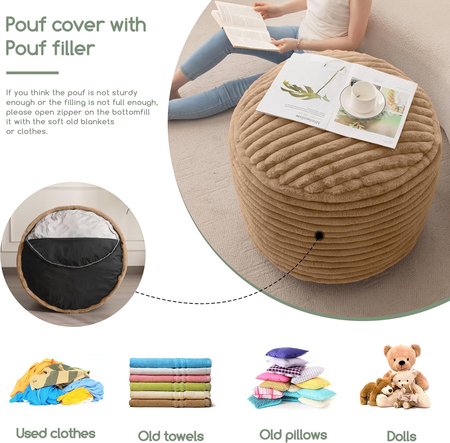 HIGOGOGO Round Stuffed Pouf Ottoman, Corduroy Poufs with High-Density Foam Filling, Furry and Fluffy Pouf Foot Stool Storage Ottoman, 20 X 15 Floor Poufs Foot Rest for Living Room, Brown