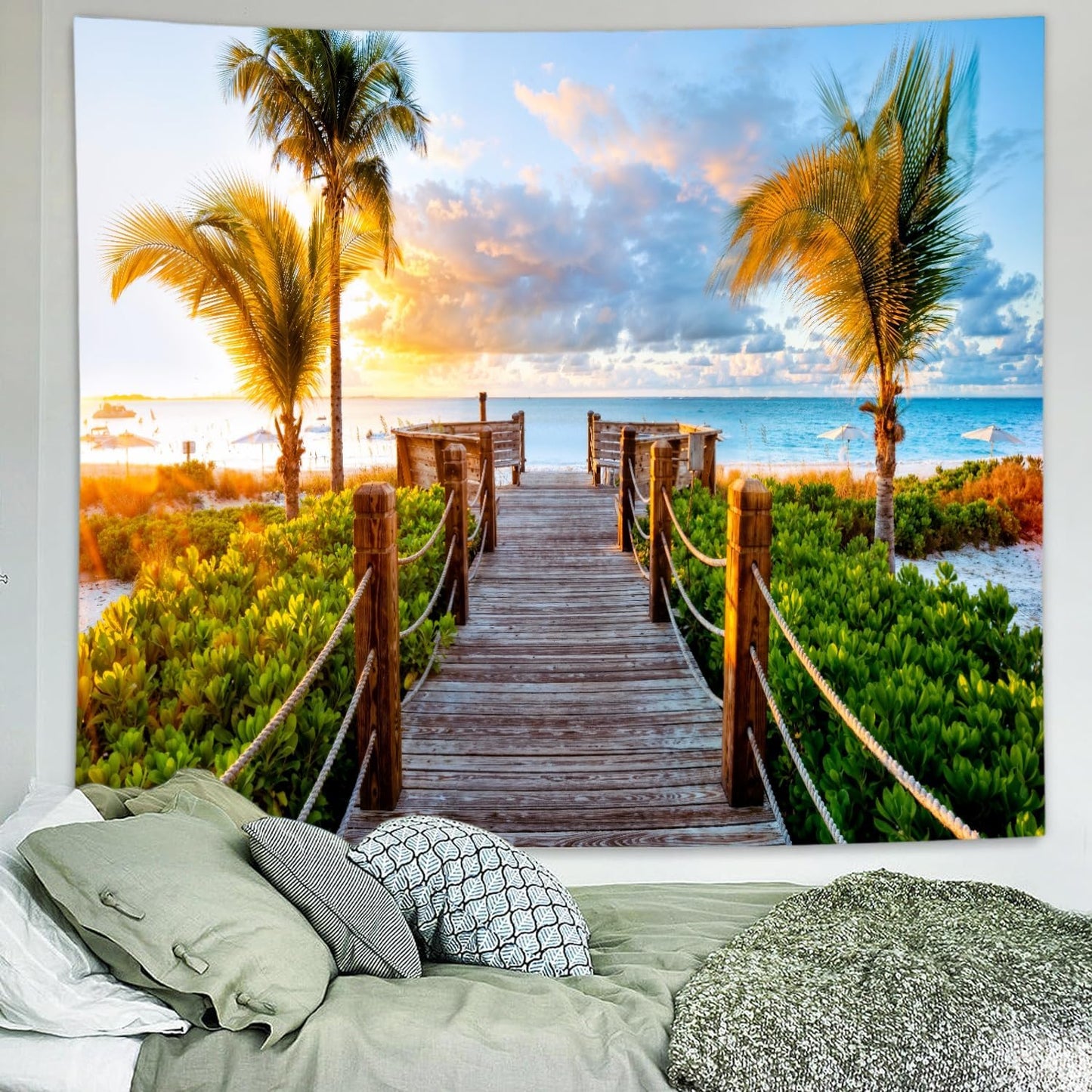 Delur Beach Sunset Tapestry Tropical Seaside Palm Tree Coastal Tapestry Wall Hanging Sunrise Nature Landscape Scenic Psychedelic Headboard for Bedroom Living Room Home Decor (51.2" x 59.1")