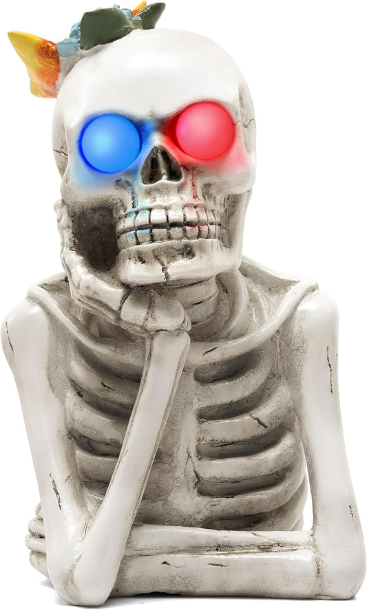 Halloween Skeleton Light Statue, Scary Resin Skull Figurines with Light Up Eyes Decorations for Home Table Kitchen Party Battery Operated Skull Lighting Changes Decor