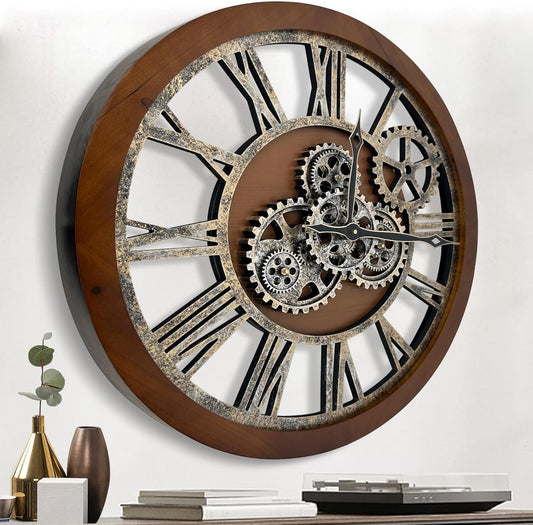 The B-Style Large Wall Clock 24 inch Moving Gear Wall Clock Oversized Vintage Farmhouse Wall Clocks for Living Room Decor Rustic Industrial Wood Clock (Drak Brown and Bronze)