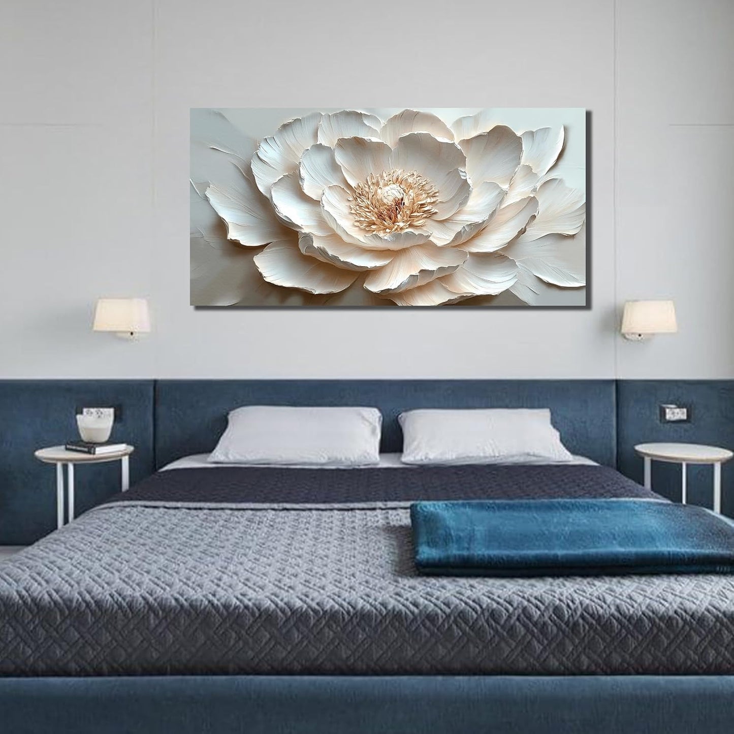 White Flower Wall Art for Living Room - Large Modern Wall Art Bedroom - Floral Bedroom Wall Decor for Teen Girls Size 29" x 59"