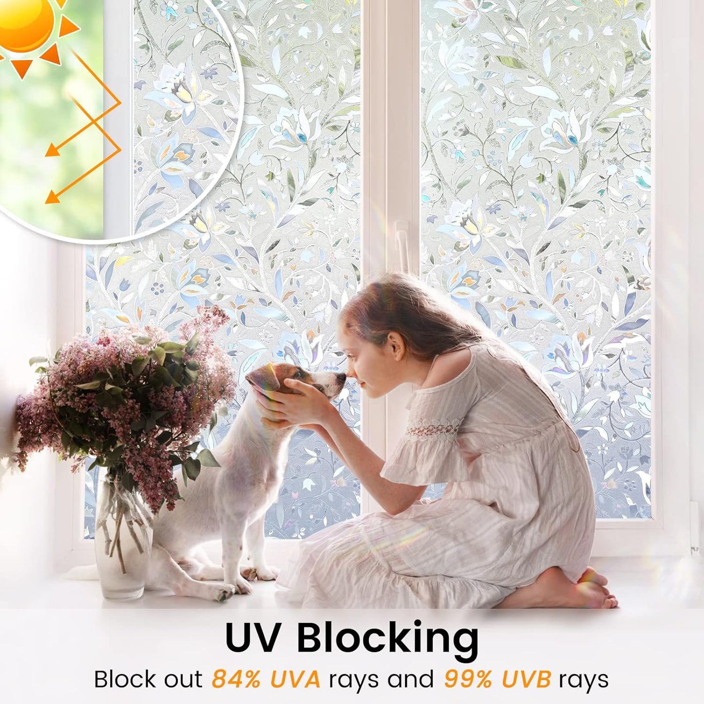 DOWELL Window Privacy Film, 3D Stained Glass Rainbow Films, Decorative Window Vinyl Sun Blocker Door Covering, Static Cling Non-Adhesive Glass Sticker for Home, Blooming Flowers, 23.6"x78.7"