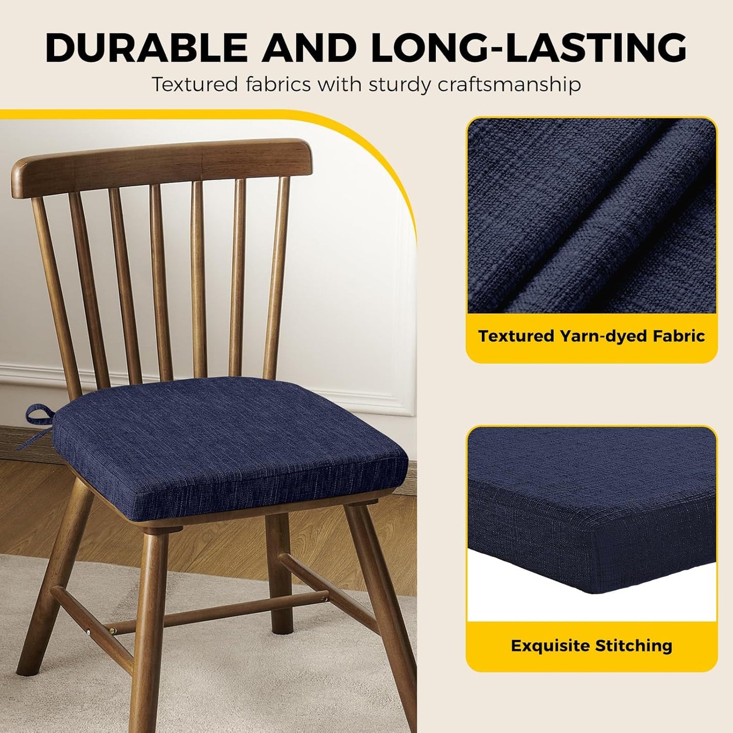 downluxe Indoor Chair Cushions for Dining Chairs, Soft and Comfortable Textured Foam Kitchen Chair Pads with Ties and Non-Slip Backing, 16" x 16" x 2", Navy, 4 Pack