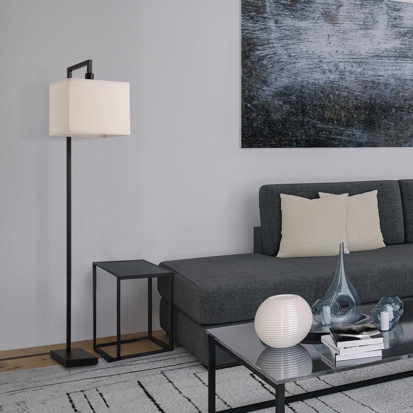 Globe Electric 61000052 60" Floor Lamp, Matte Black, Square White Fabric Shade, On/Off Rotary Switch on Socket, Square Rod, Reading Lamp, Home Office Accessories, Home Décor, Home Improvement