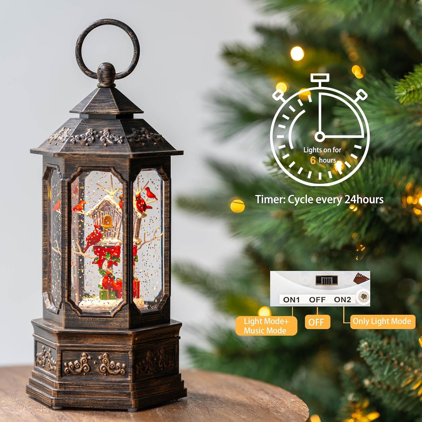 Christmas Snow Globe Lantern Water Glittering 11.6'' Cardinal & Birdhouse with Music & Timer, USB Lined/Battery Operated Lighted Lantern for Christmas Festival Decoration Gifts