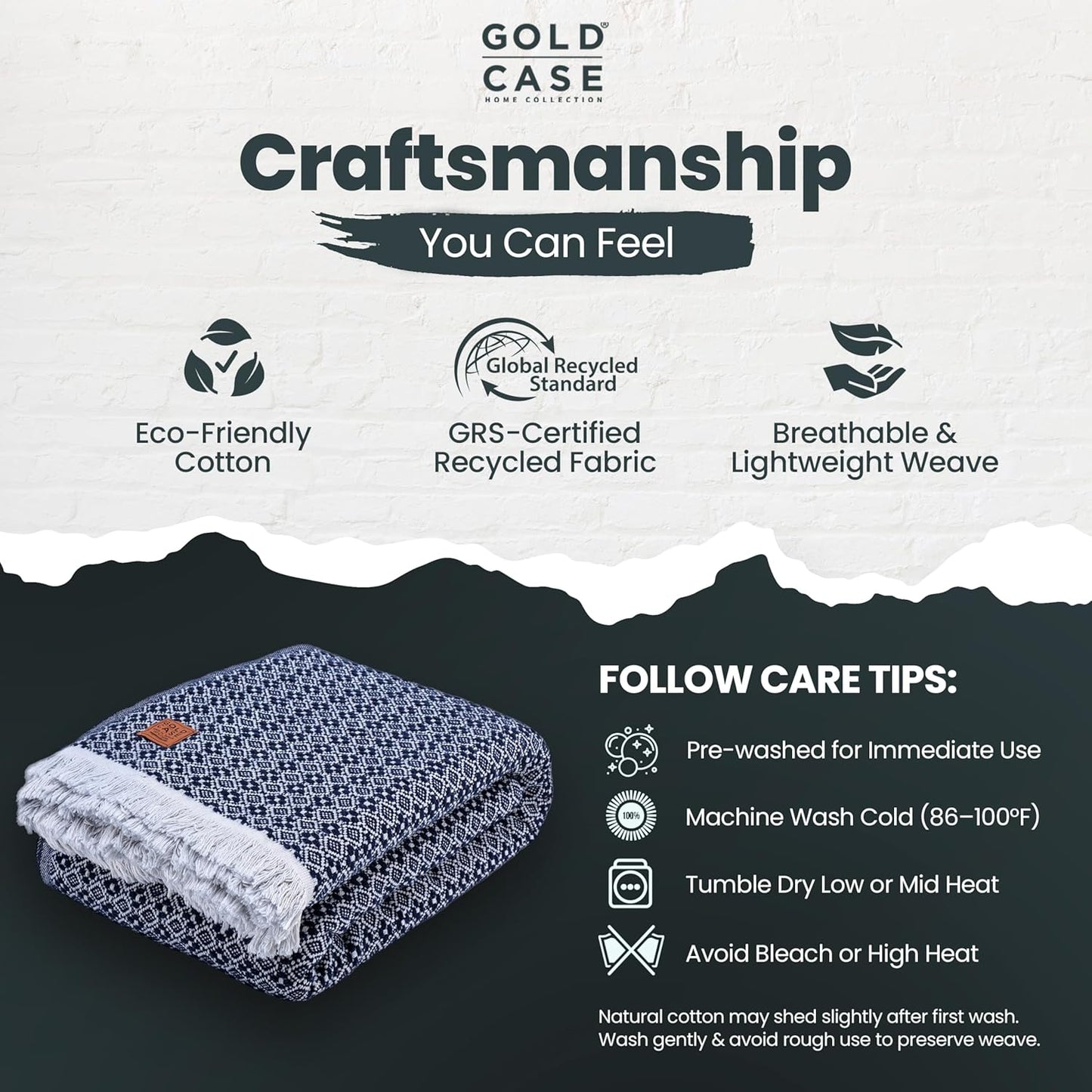 Gold Case Throw Blanket for Bed – 100% Recycled Turkish Cotton Bed Blanket – Decorative Throw Cotton Blankets for Living Room & Bedroom – Retro Navy Blue Woven Queen Blankets – 90x90