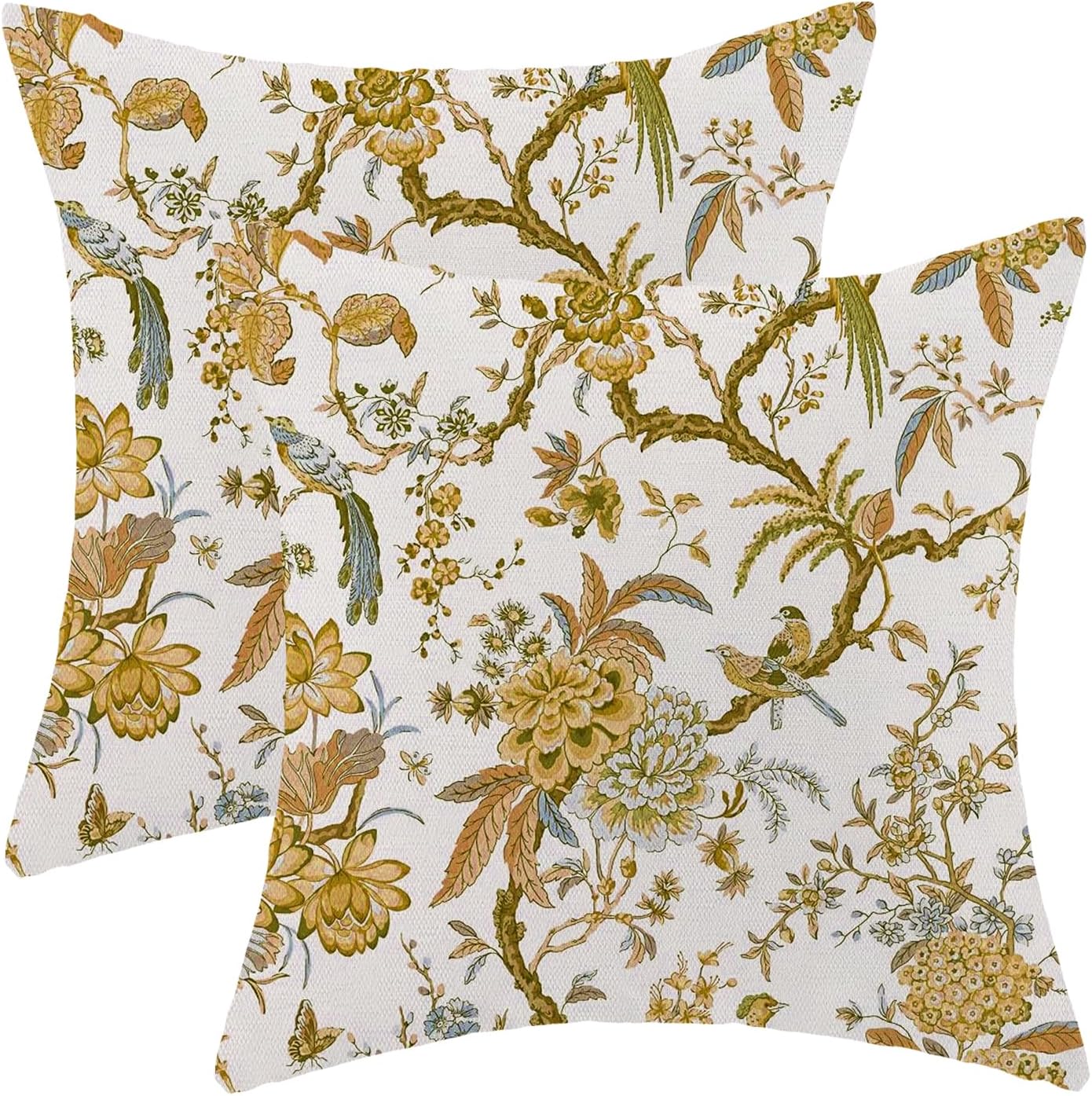 CXMEIFLY Summer Floral Birds Pillow Covers 16 x 16 Inch Set of 2 for Chinoiserie Flowers Spring Decor Throw Pillows Mustard Yellow Plant Outdoor Decorative Cushion Cases for Couch Bed Decorations