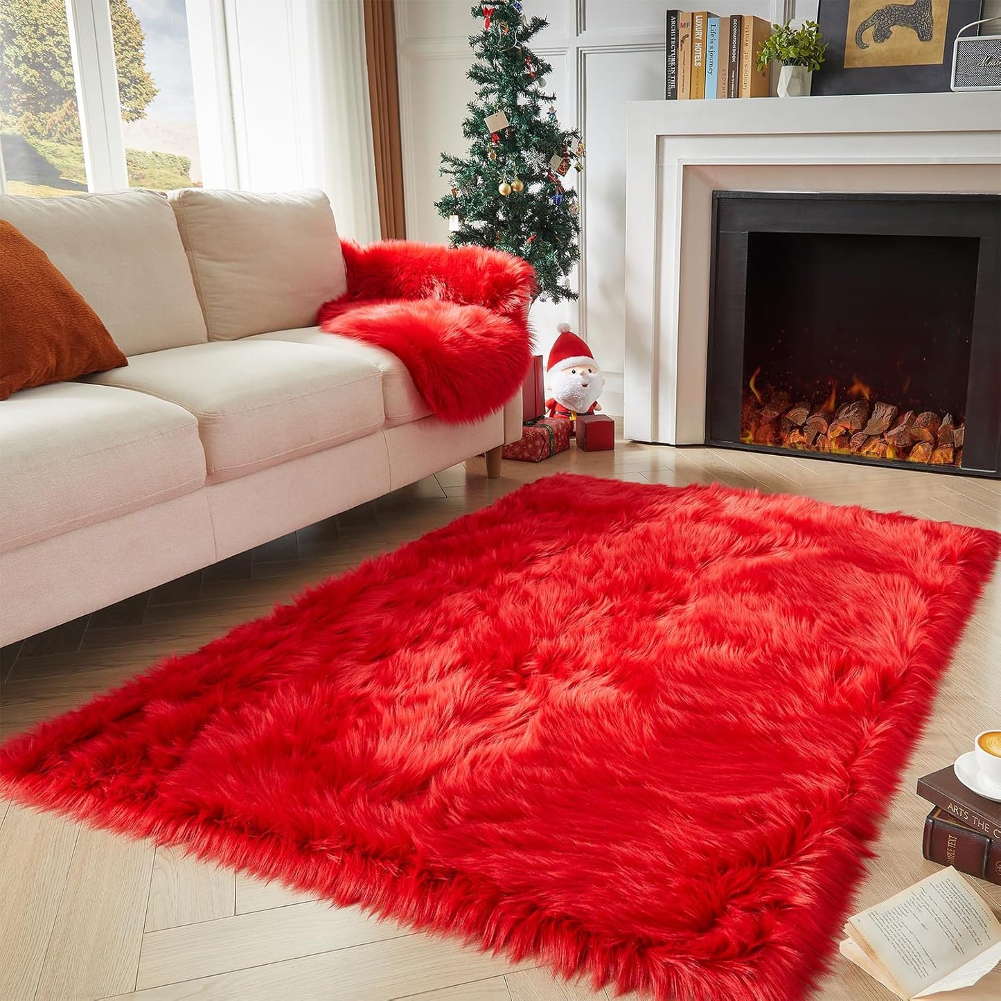 AMTOVO Faux Fur Sheepskin Rug for Living Room, 4 x 6 ft Red Fluffy Area Rug for Bedroom, Playroom, Luxury Room Decor, Rectangle