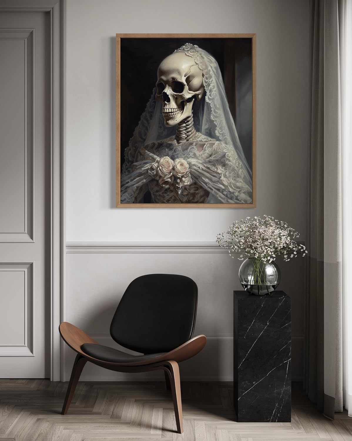 Skull Gown Poster Art Print, Halloween Scary Vintage Wall Art Academia Spooky Painting Decoration for Horror Prints, Gothic Posters Bedroom Decor 89 (Skull Gown, 8 x 10 inches, Wood Frame)