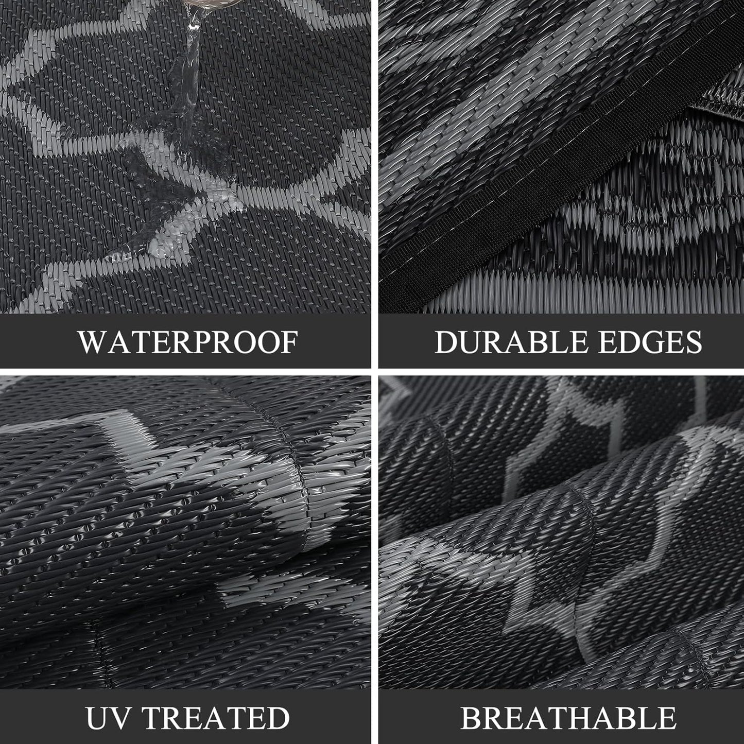 GAOMON Reversible Outdoor Rug 9'x18' Waterproof Plastic Straw Rug, Patio Rug, Large Modern Area Rug Carpet, Indoor Outdoor Rugs for Camping, Porch, Deck, Balcony, Backyard, Black/Grey(Geometric)