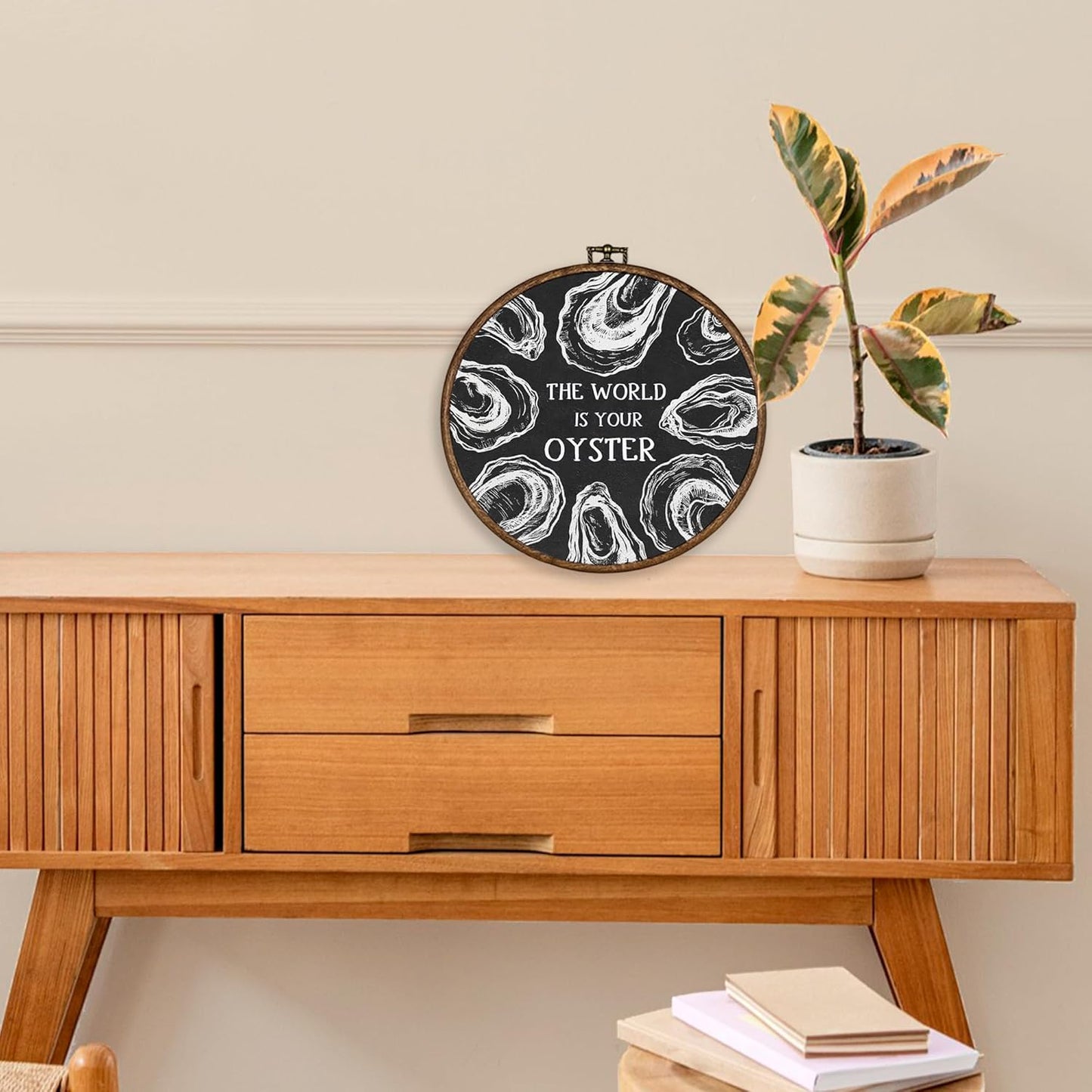 XBBMGG Black Vintage Oyster Wall Art Decor, Beach Nautical Round Wall Hanging Decor, Retro Ocean The World Is Your Oyster Framed Canvas Prints for Home Bedroom Living Room Decorations, 10x10inch