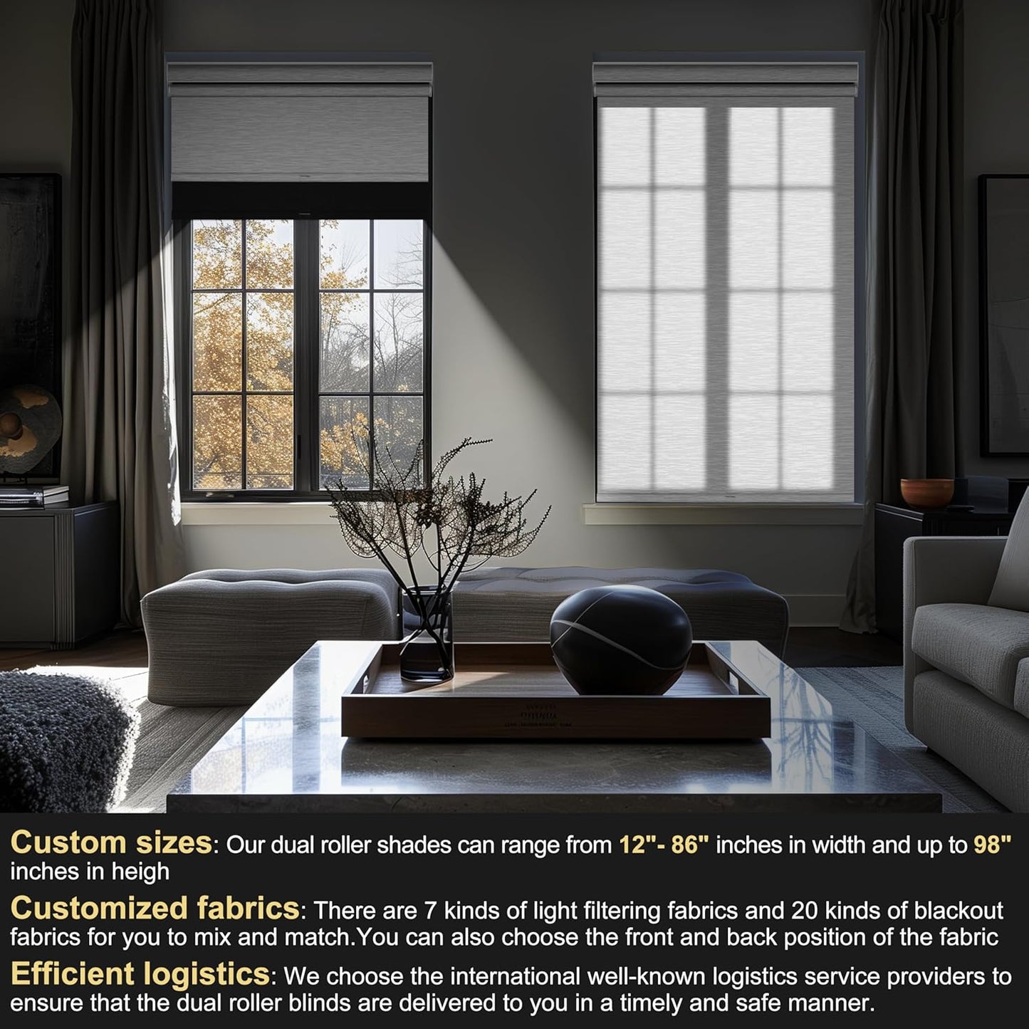 BERISSA Cordless Dual Roller Shades with Cassette Valance, Double Window Shades with Blackout and Light Filtering, Day and Night for Home Office Doors. Linen Black and White, 41 W x 48 H