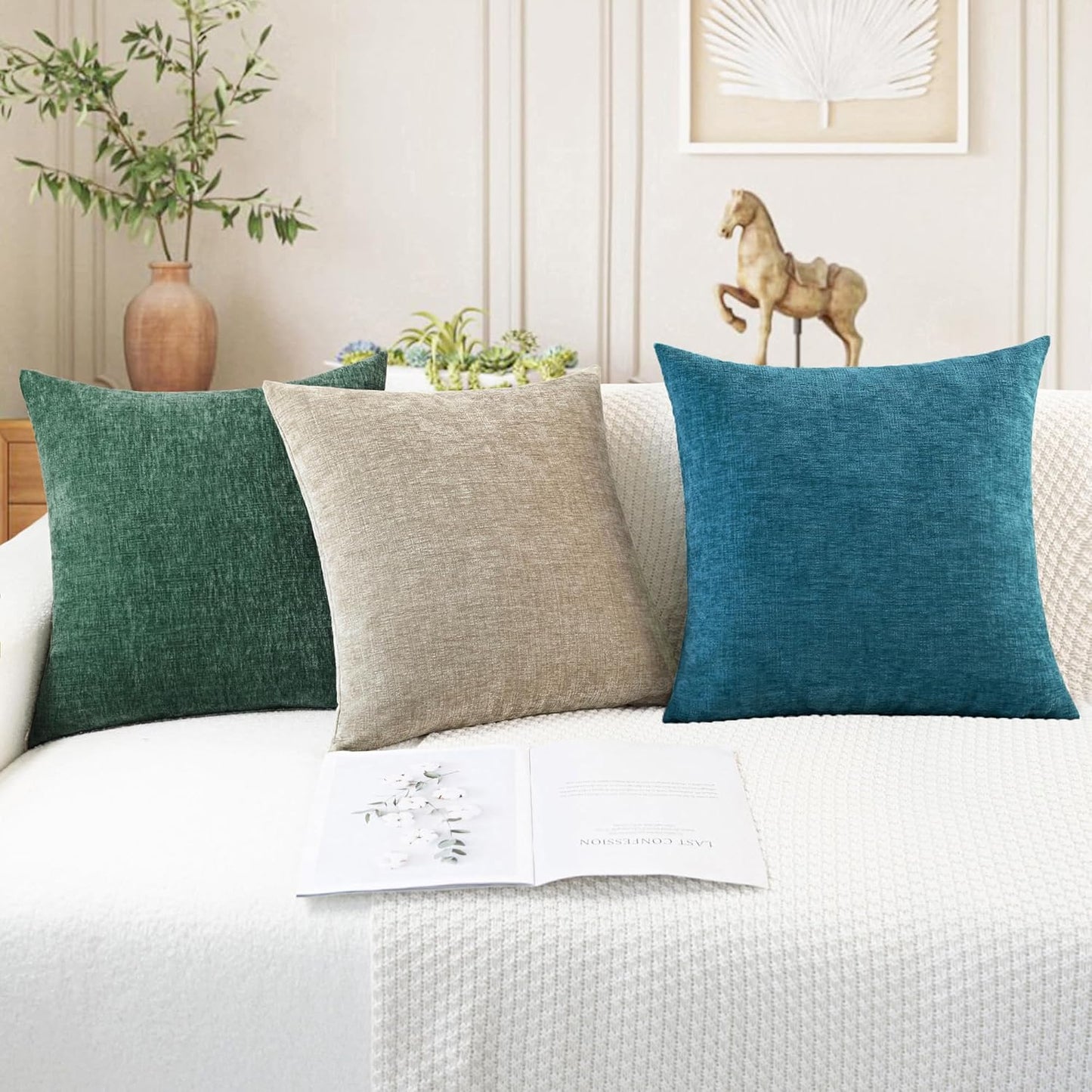 CaliTime Throw Pillow Covers Decorative 22 X 22 Inches Pack of 2 Cozy Chenille Cushion Cases for Couch Sofa Bed Living Room Home Light Taupe