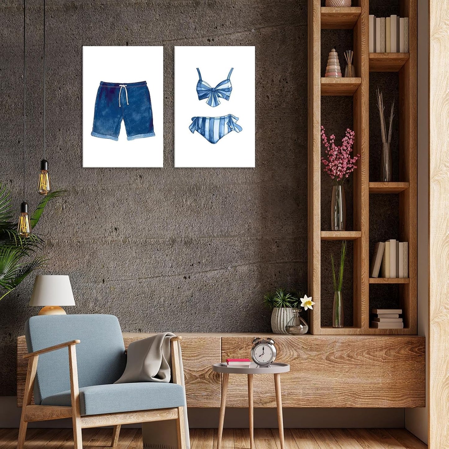 Liyark Set of 2 Retro Navy Blue And White Swimsuit Art Posters Beach Bathing Suit Prints Painting Beach House Wall Art Coastal Wall Decor Pictures For Bathroom Home Decoration 12x16in Framed