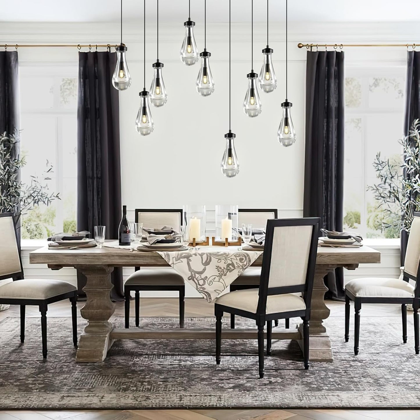 Raindrop 9-Light Chandeliers for Dining Room, Black Dining Room Lights Fixture Over Table, Teardrop Pendant Lights Kitchen Island, Adjustable Rope Hanging Lamp Ceiling for Entryway Foyer