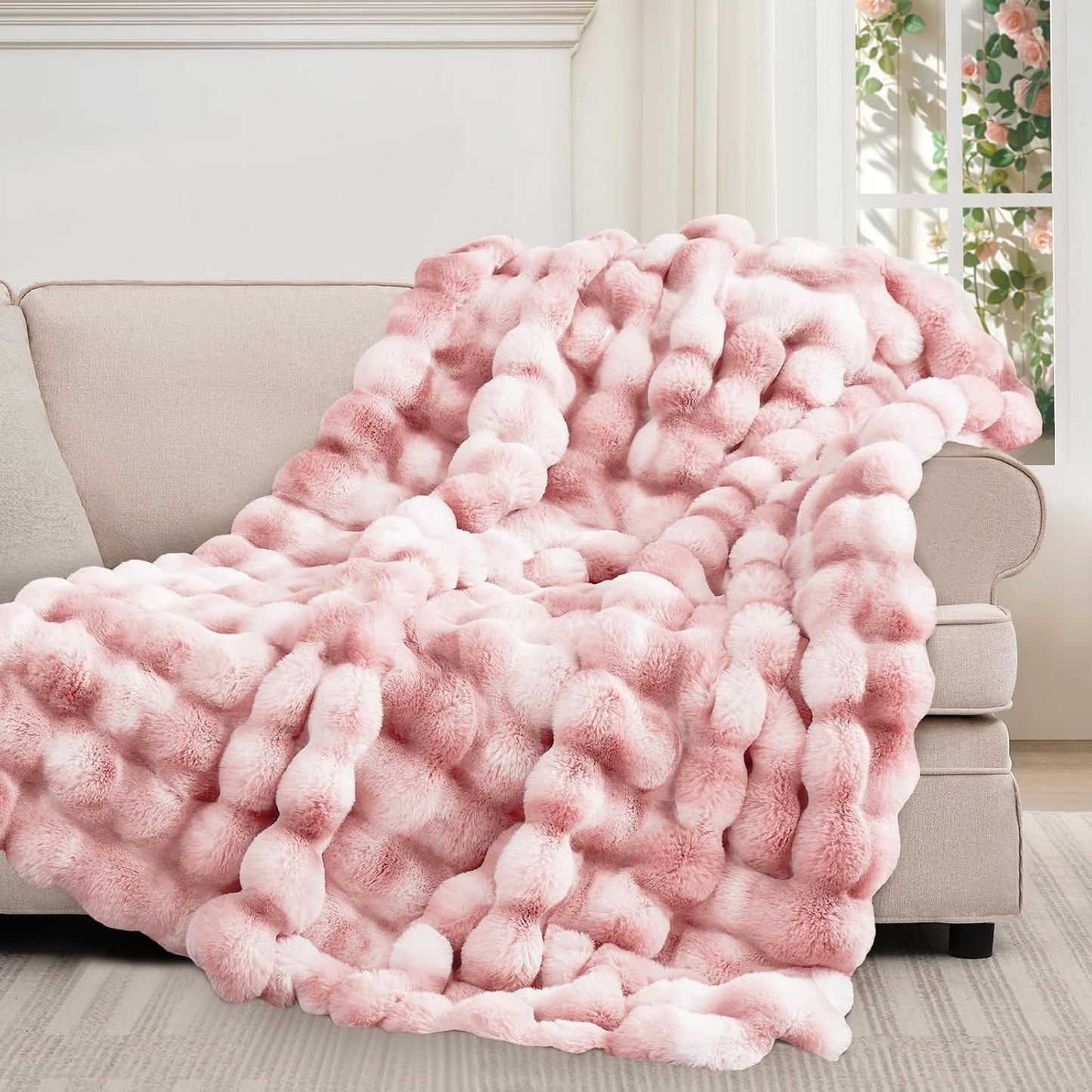 Luxury 1000GSM Faux Rabbit Fur Throw Blanket for Woman, Super Heavy Warm Cozy Blankets for Her for Couch Bed Sofa, Bubble Plush Fuzzy Elegant Soft Reversible Mink Blanket for Living Room Bedroom, Pink