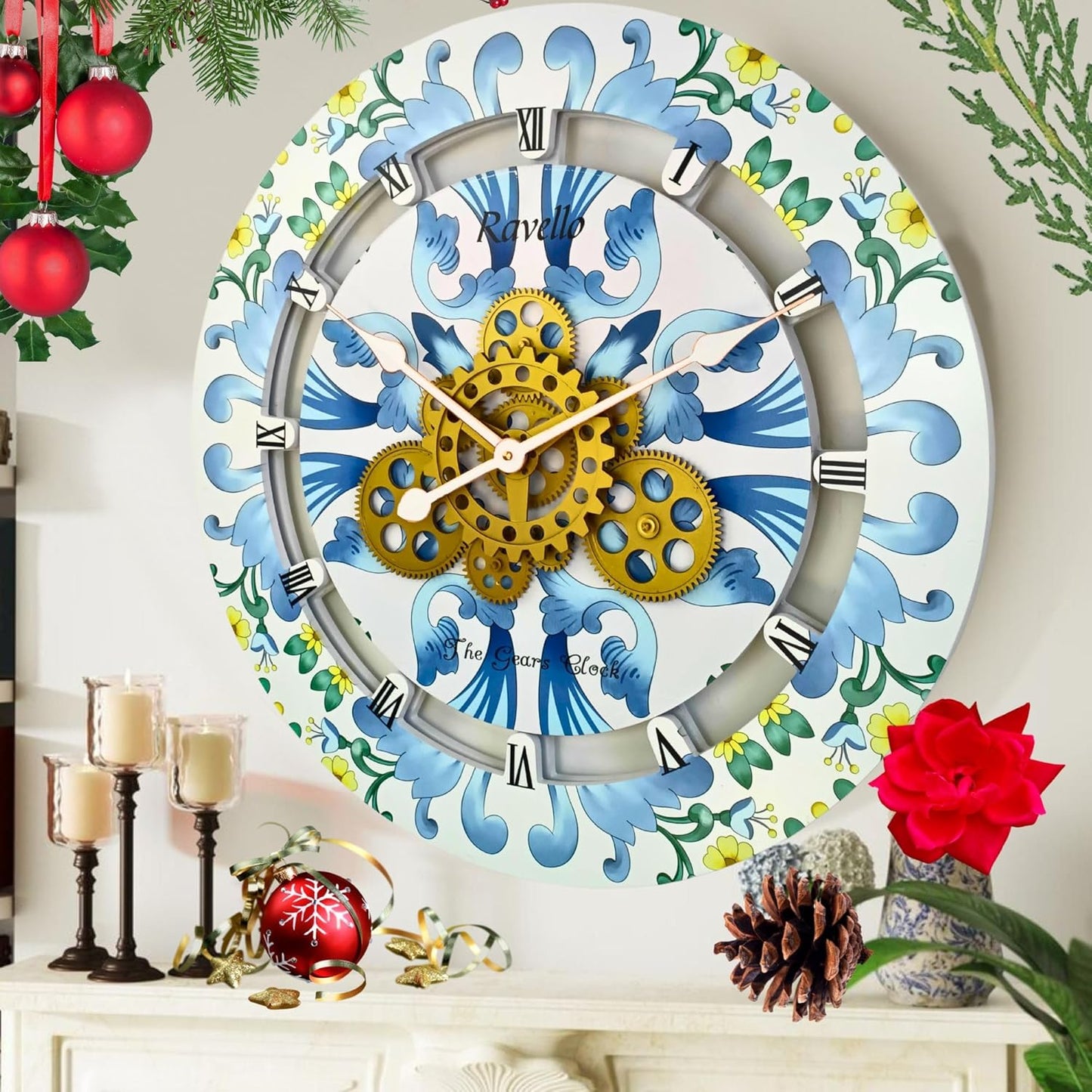 The Gears Clock Wall Clock Italy Collection with Moving Gears (Ravello, 24 inch Round)