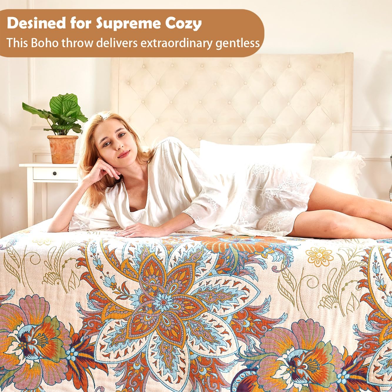 Boho Throw Blanket, 100% Organic Cotton Breathable Ultra Soft Bed Quilt Throw - All Season Floral Bird Butterfly Farmhouse Decor Blanket for Sofa Couch Chair and Gift. 50" x 60"